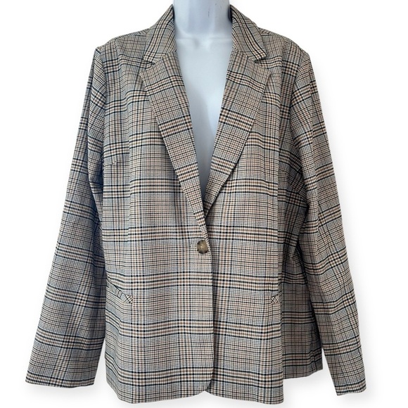 J JILL Jacket Blazer Houndstooth Plaid Tan Navy Oversized Trendy Size L NWT - Picture 2 of 14